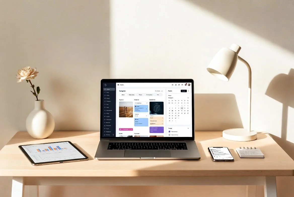 A minimalist workspace with a wooden desk, a laptop showing a social media management dashboard, a tablet with charts, a smartphone with messages, a notepad, a white vase with a flower, and a white desk lamp casting a shadow.