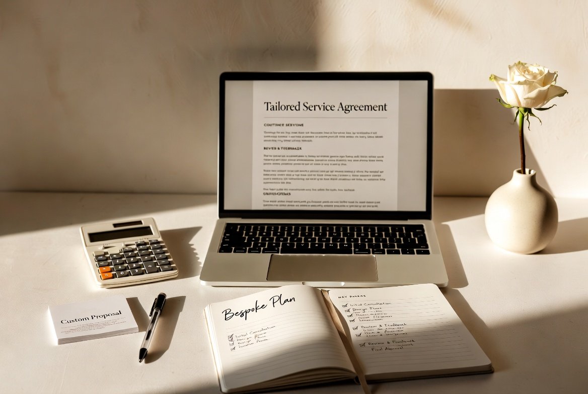 A work desk with a laptop displaying a service agreement, a calculator, a pen, a handwritten agenda, a printed proposal, and a vase with a white rose.