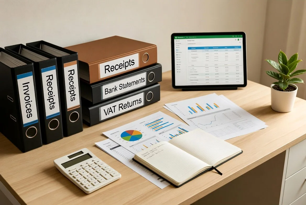 Office desk with organization folders labeled invoices, receipts, bank statements, VAT returns; financial documents with charts and graphs; calculator, tablet, notebook, potted plant.