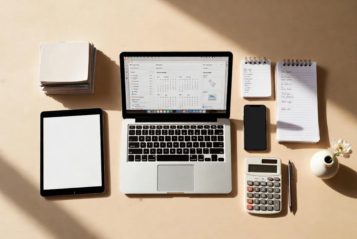 Desk setup with a laptop, iPad, smartphone, calculator, pen, notebooks, a small vase with a flower, and stacked papers on a light-colored surface with sunlight shadows.
