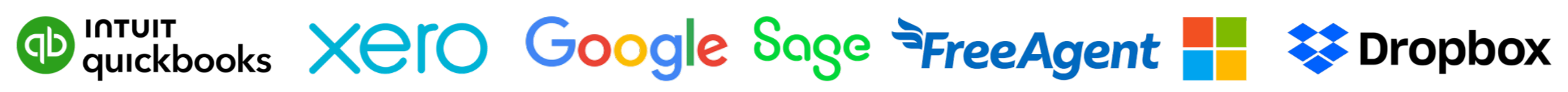 Logos of various software companies including QuickBooks, Xero, Google, Sage, FreeAgent, and MYOB displayed in a row.
