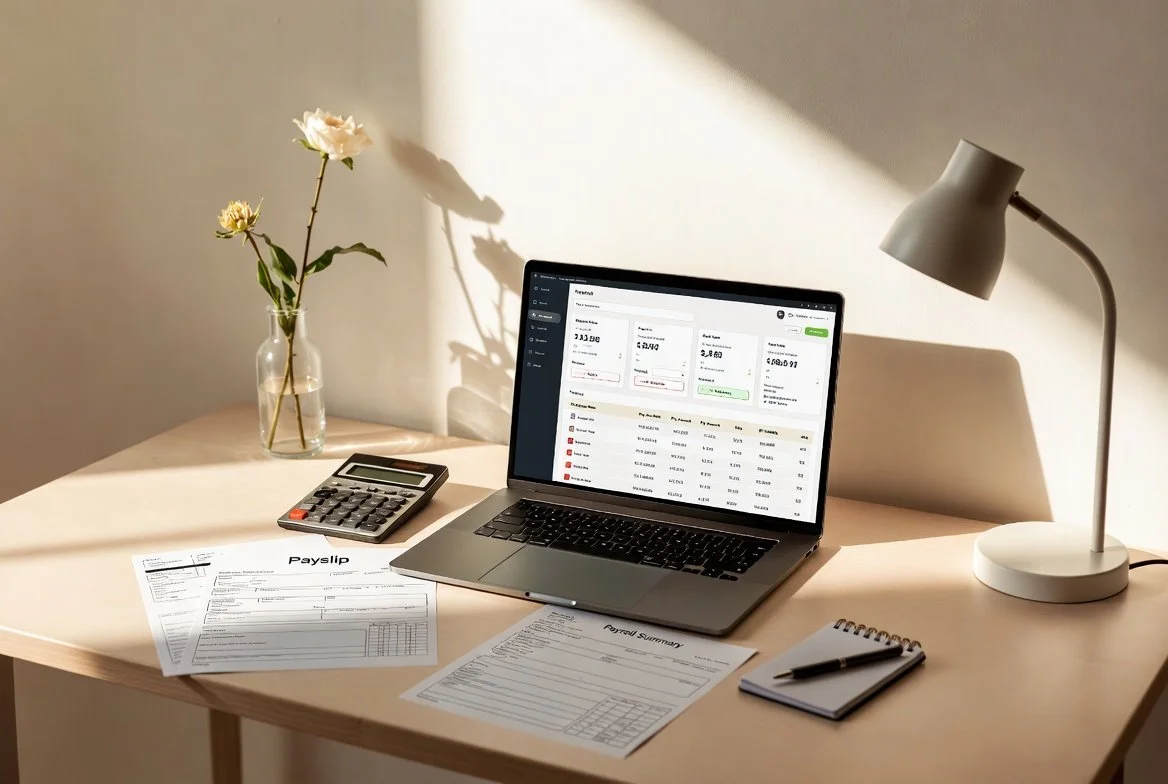 A neatly organized workspace with a laptop displaying financial or accounting software, a vase with two flowers, a calculator, some paperwork, a notepad with a pen, and a modern white desk lamp.