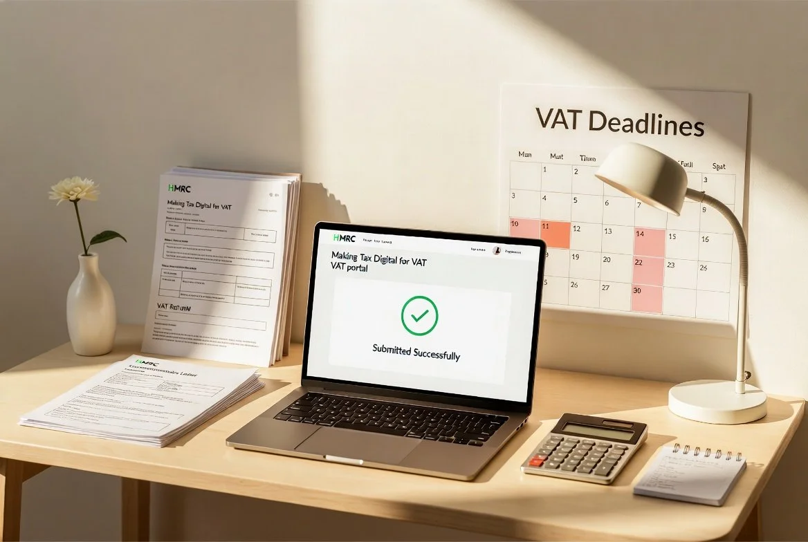 Desk with a laptop showing a successful tax submission message, paperwork, a calculator, a notepad, a white vase with a flower, and a VAT deadlines calendar.