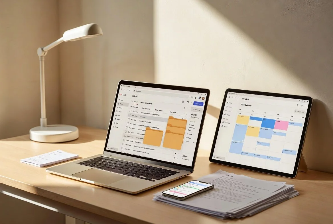 A tidy wooden desk with a lamp, an open laptop displaying email inbox with folders, a tablet showing a calendar, a smartphone, and a stack of papers.
