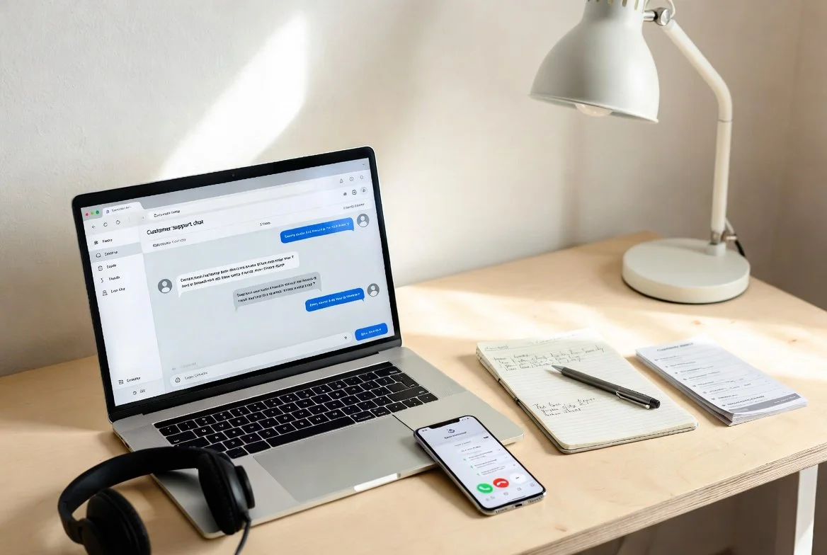 A workspace with a laptop displaying a customer support chat, a smartphone on a stand showing a call screen, a pair of black headphones, an open notepad with handwritten notes, and a desk lamp on a light-colored wooden desk.