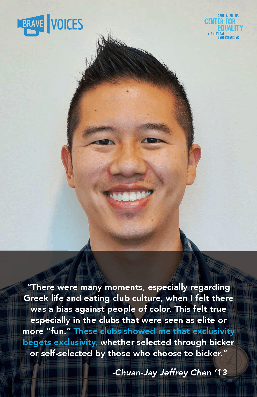 “There were many moments, especially regarding Greek life and eating club culture, when I felt there was a bias against people of color. This felt true especially in the clubs that were seen as elite or more “fun.” These clubs showed me that exclusiv