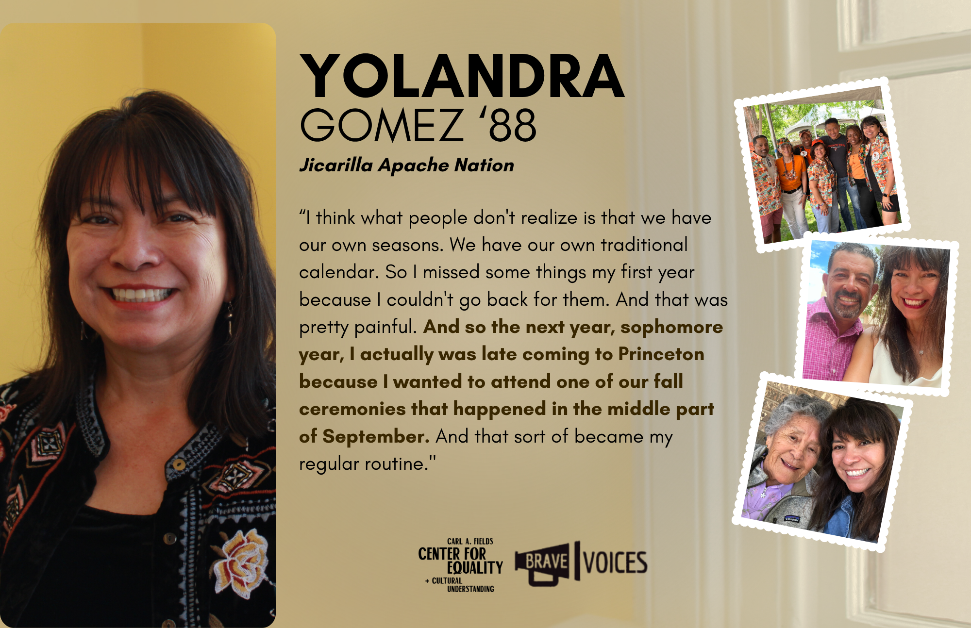 Yolanda Gomez ’88: “I think what people don't realize is that we have our own seasons. We have our own traditional calendar. So I missed some things my first year because I couldn't go back for them. And that was pretty painful."