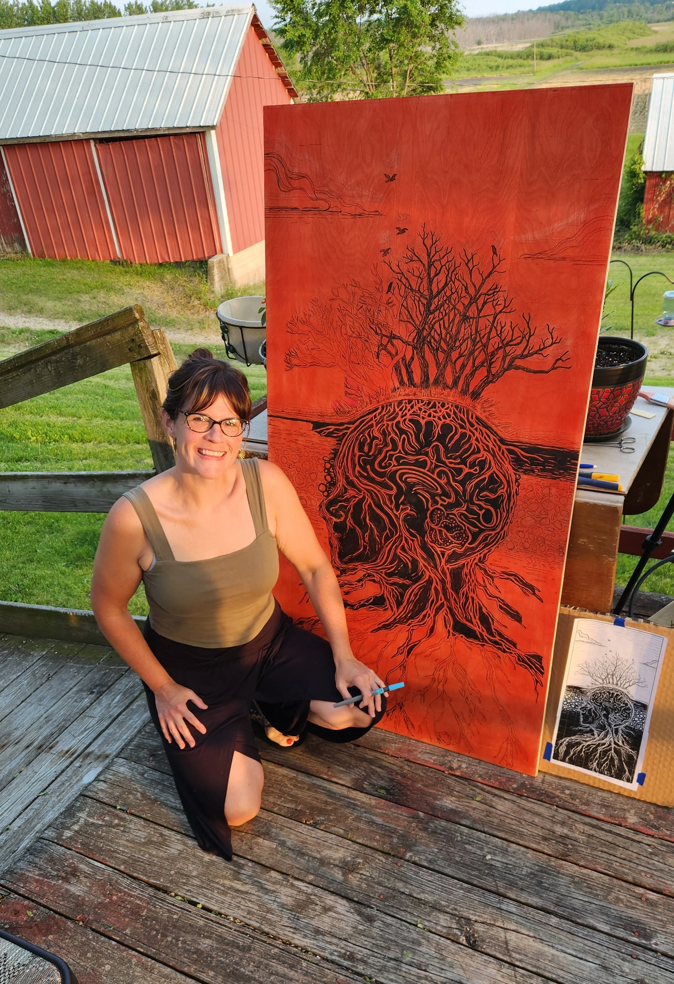 Inking in my drawing before carving my woodblock of "Awaiting the Awakening"
