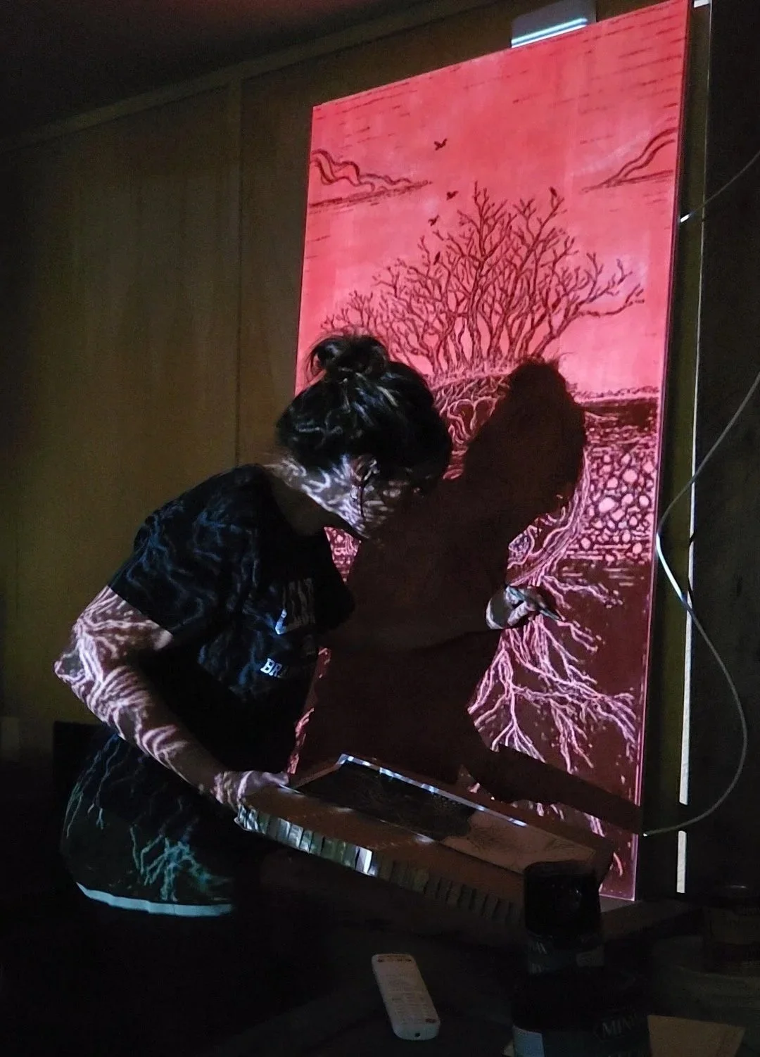 Transferring my drawing to the woodblock for "Awaiting the Awakening"