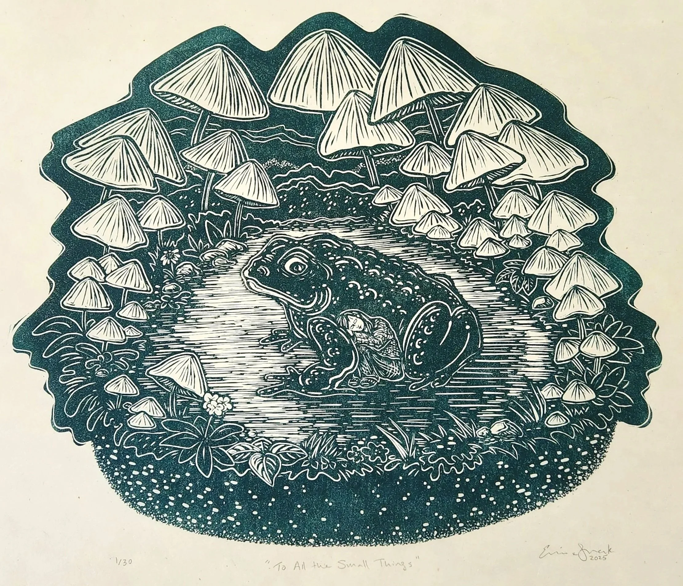 Dark green linocut print of female figure curled up next to a toad. They are in a woodland setting surrounded by circle of mushrooms