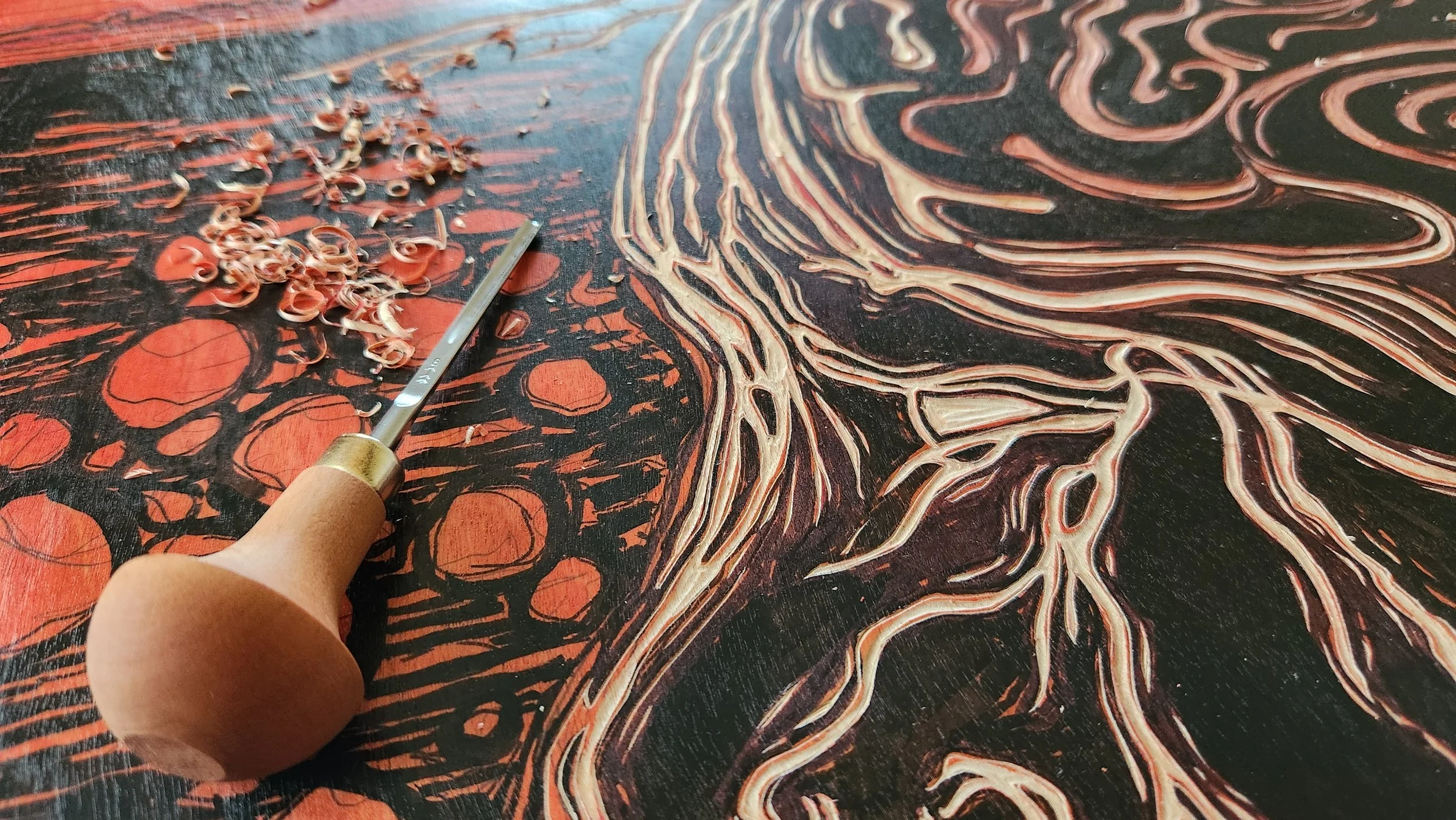 Detail of woodblock during the carving process