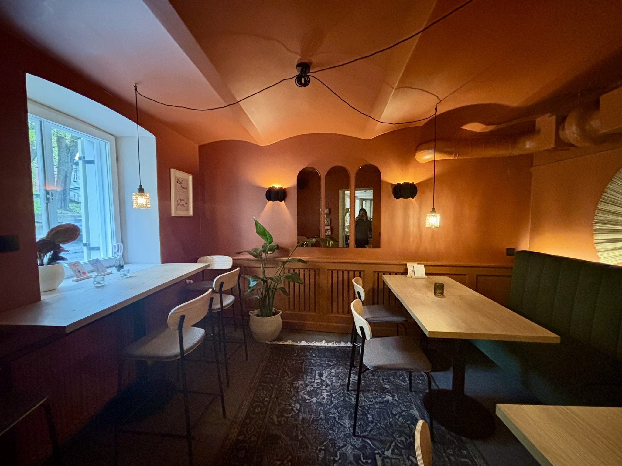 Interior of a cozy restaurant with warm lighting, a window with a view outside, wooden tables and chairs, a large green plant, and decorative lighting fixtures.