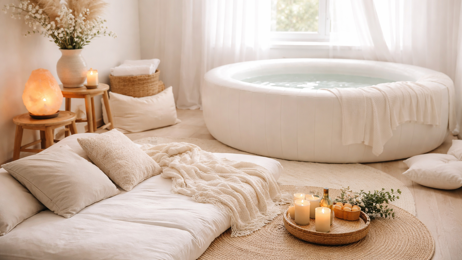 Cozy spa room with a white hot tub, candles, and neutral-toned pillows and throws.