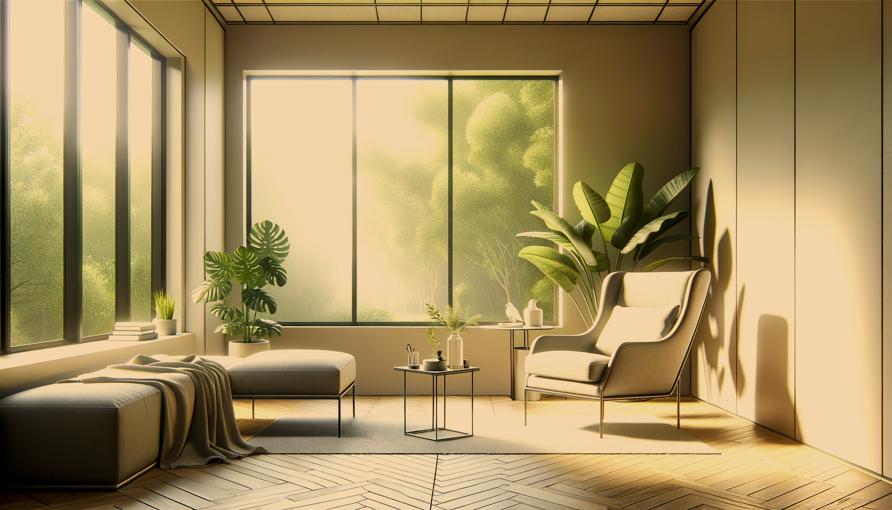 Sala de estar com grande janela com vista para árvores, móveis de descanso com almofada, plantas decorativas, raposas de porcelana e luz natural entrando.