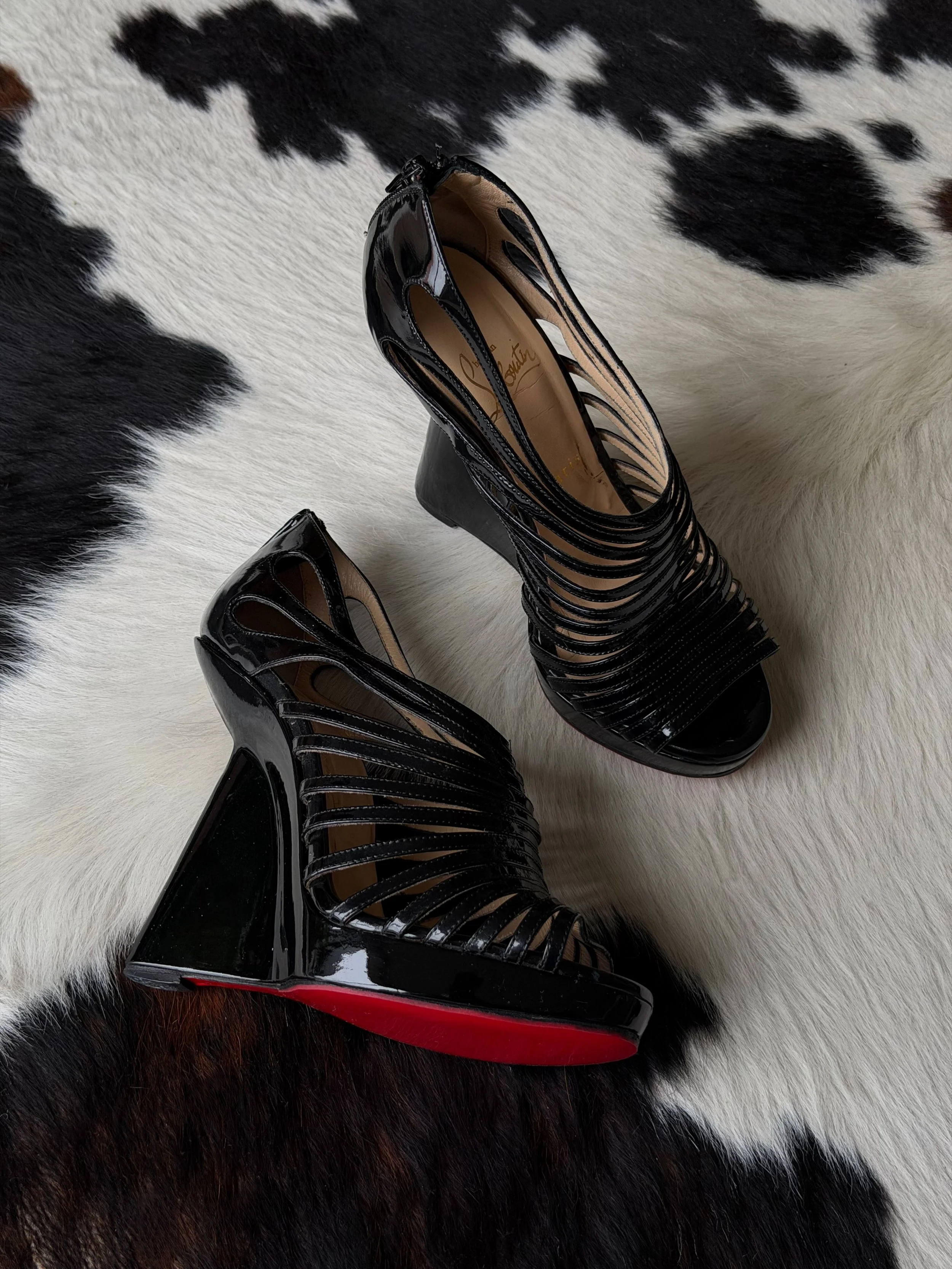 christian louboutin black patent leather disqueen cage wedges