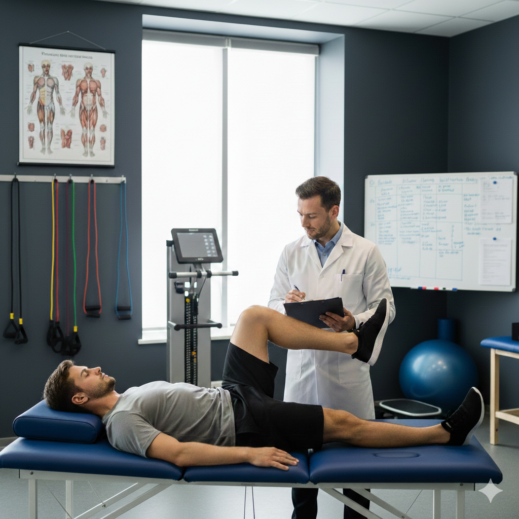 Un Kinésithérapeute évalue un patient dans son cabinet.