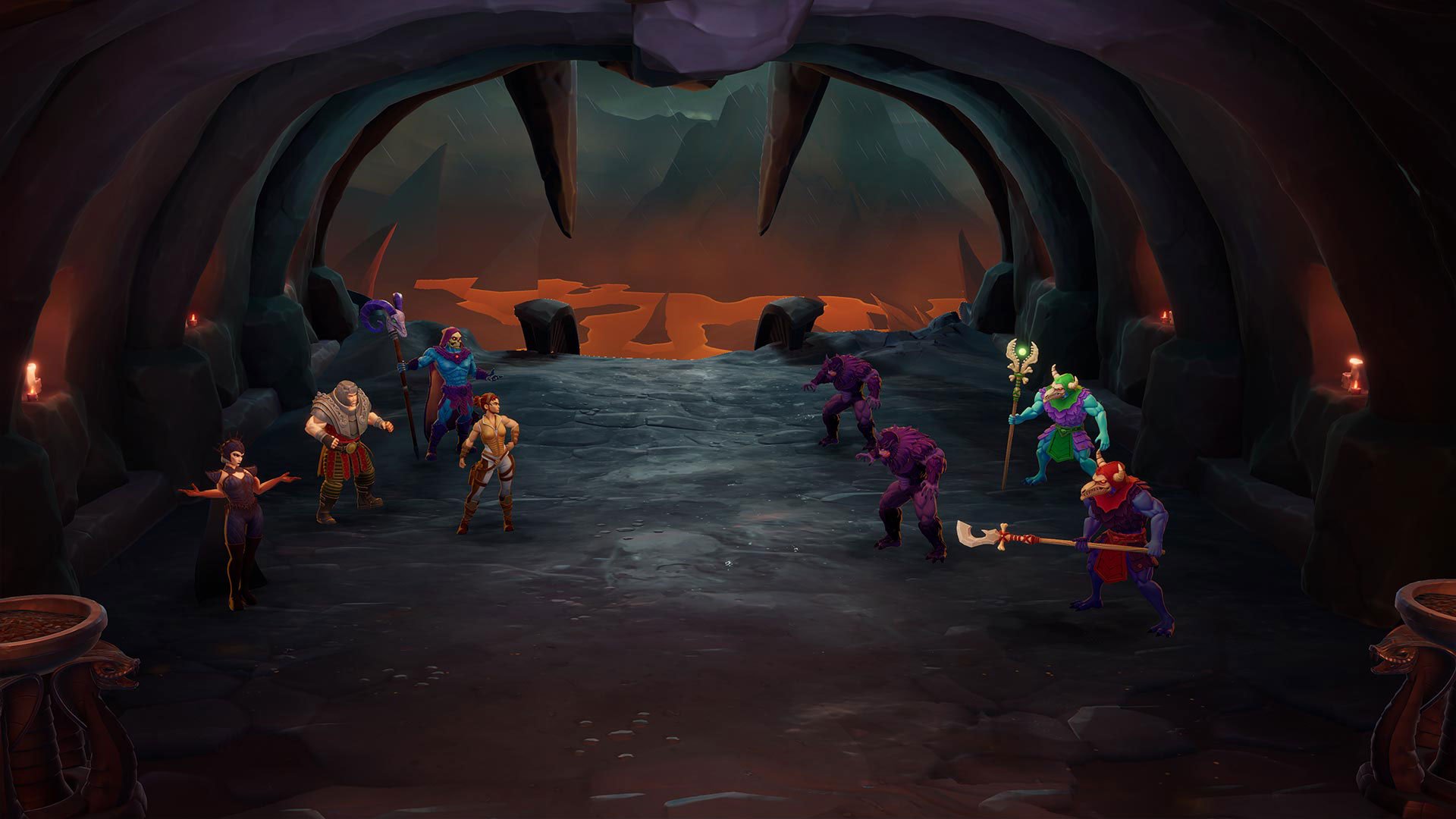 Digital illustration of a confrontation scene inside a dark, volcanic cave with lava in the background. On the left, five characters including a female mage, a large armored man, a female fighter, and others. On the right, four purple monsters and two armored figures holding staffs and a spear. Candles are placed along the cave walls.