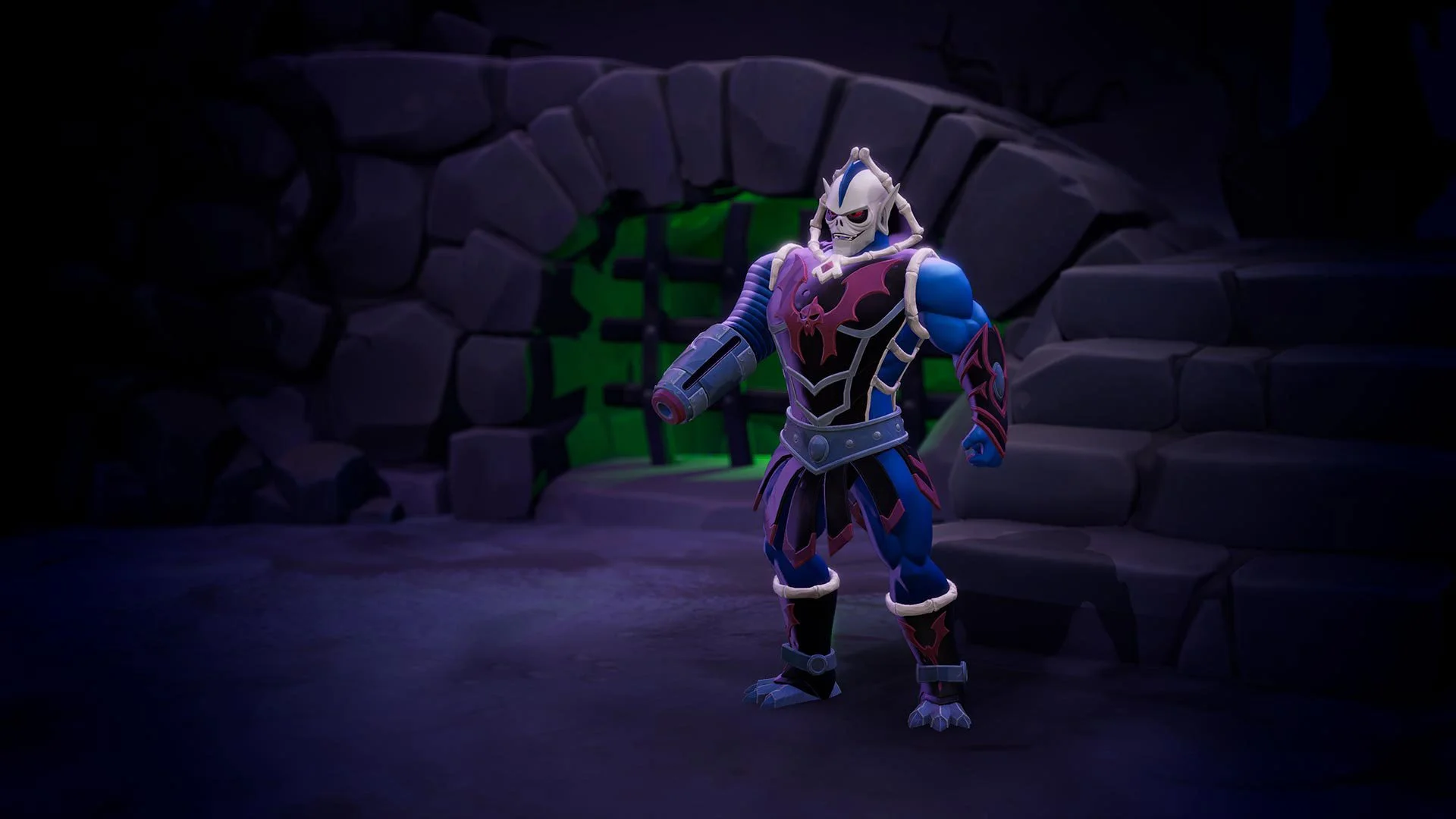 A skeleton warrior in dark armor with glowing red eyes, standing in front of a rocky stone wall with a barred gate behind him, in a dark dungeon-like setting.