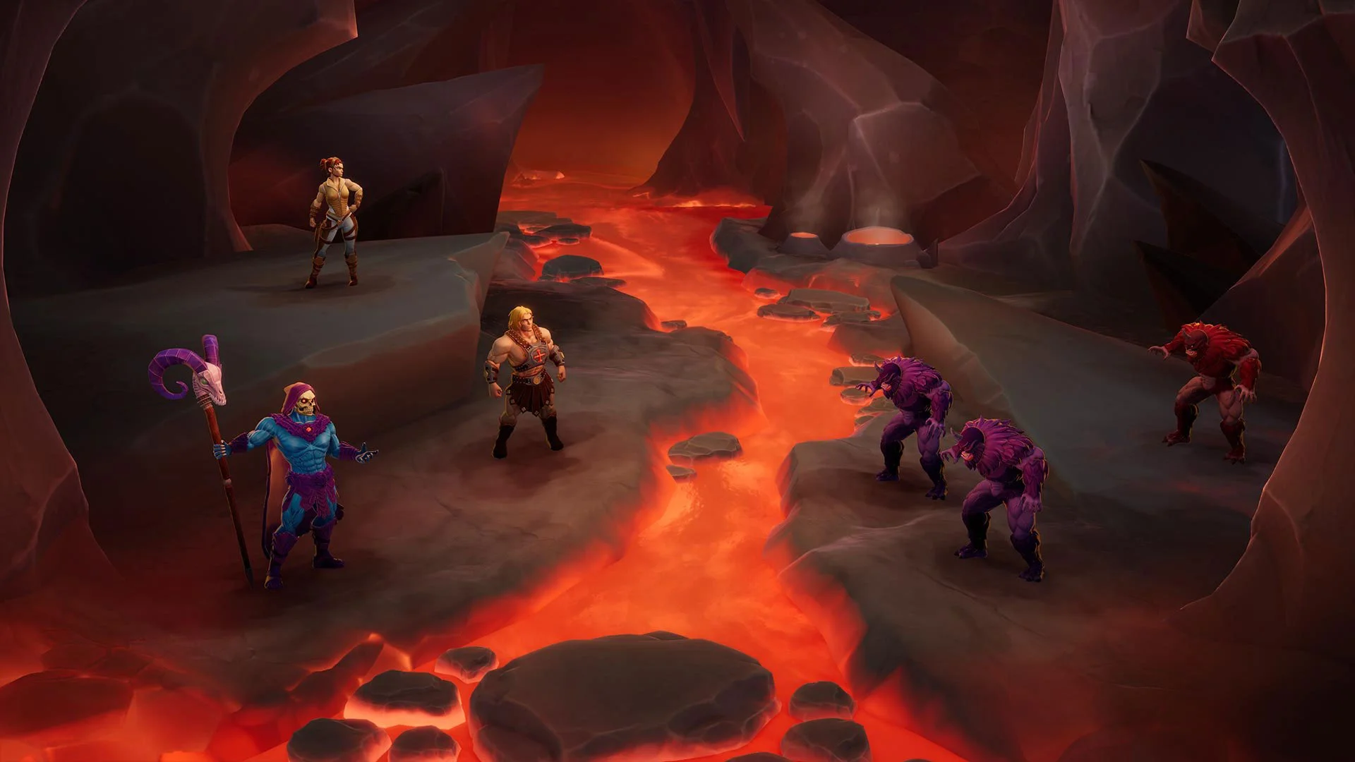 Fantasy scene with a lava river flowing through a dark rocky cavern, featuring six characters: a woman with a ponytail standing on a ledge, a man with blonde hair and a beard, a skeleton-like figure with a staff, and three purple waswolf-like creatures, along with a red beast loitering on the right side.