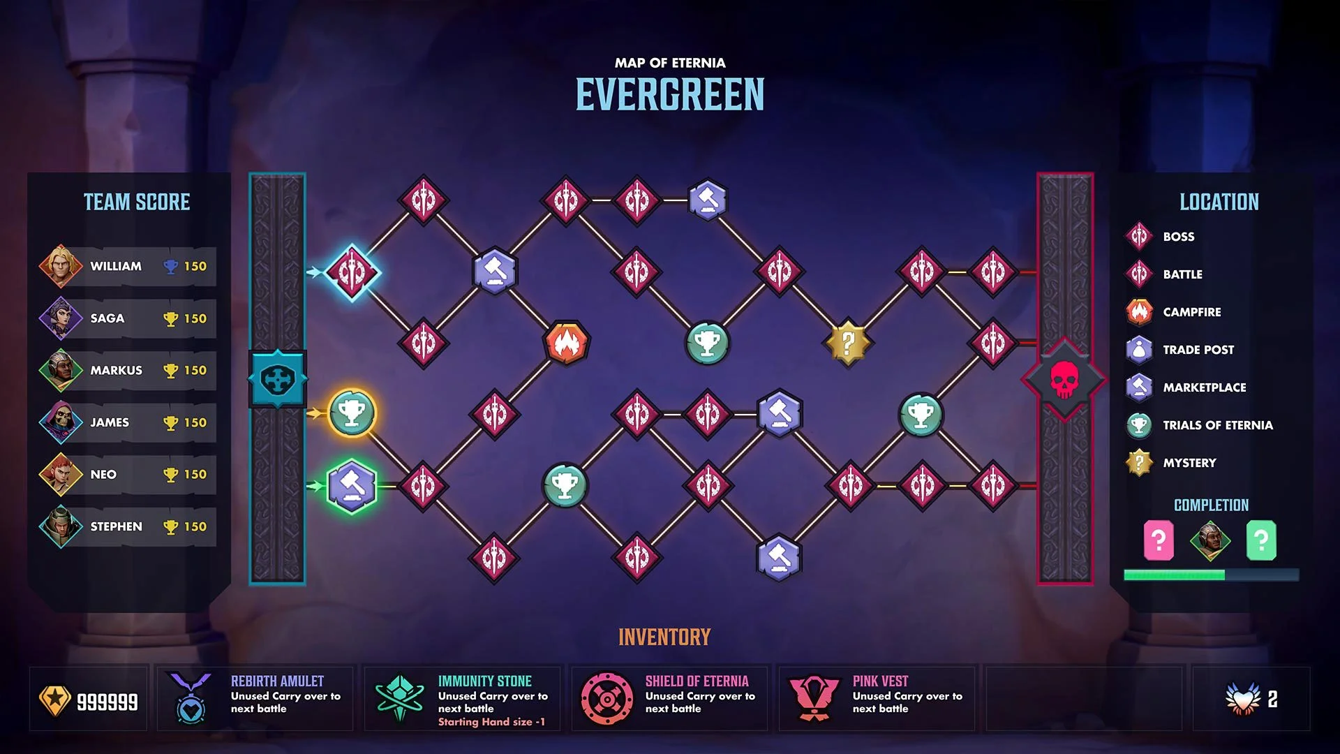 Map of Eternia titled Evergreen, showing pathways with icons for bosses, battles, campfires, trade posts, marketplace, trials of Eternia, and mystery tiles, with corresponding legend and player scores on the left.
