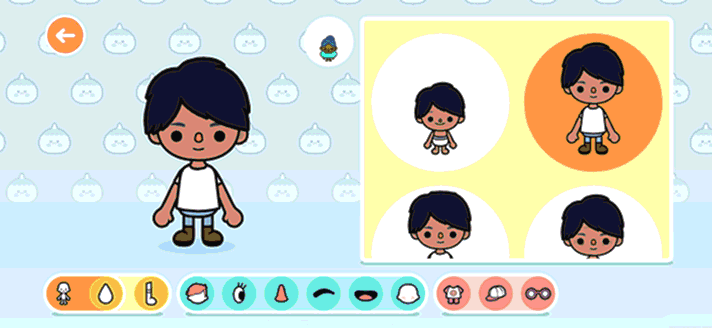 A character creation screen from a video game showing a child with dark hair and tan skin, wearing a white shirt and brown shoes. Accessories and options for customization are displayed below, including skin tones, hair styles, and accessories.