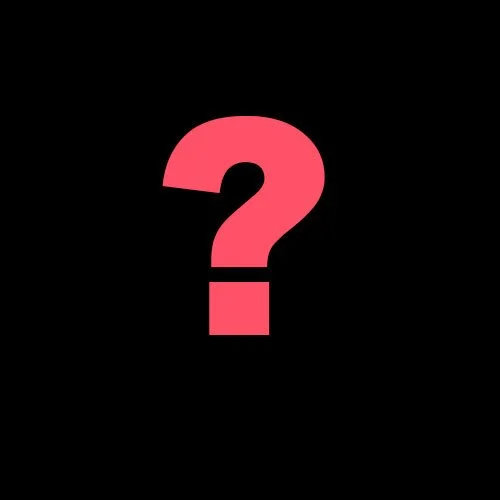 Black background with a large pink question mark in the center.