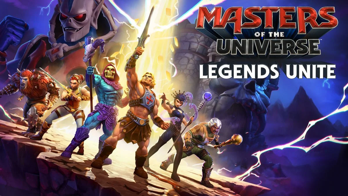 Group of fantasy characters with weapons and magical elements, with a large skull creature in the background, and the title 'Masters of the Universe Legends Unite' at the top.