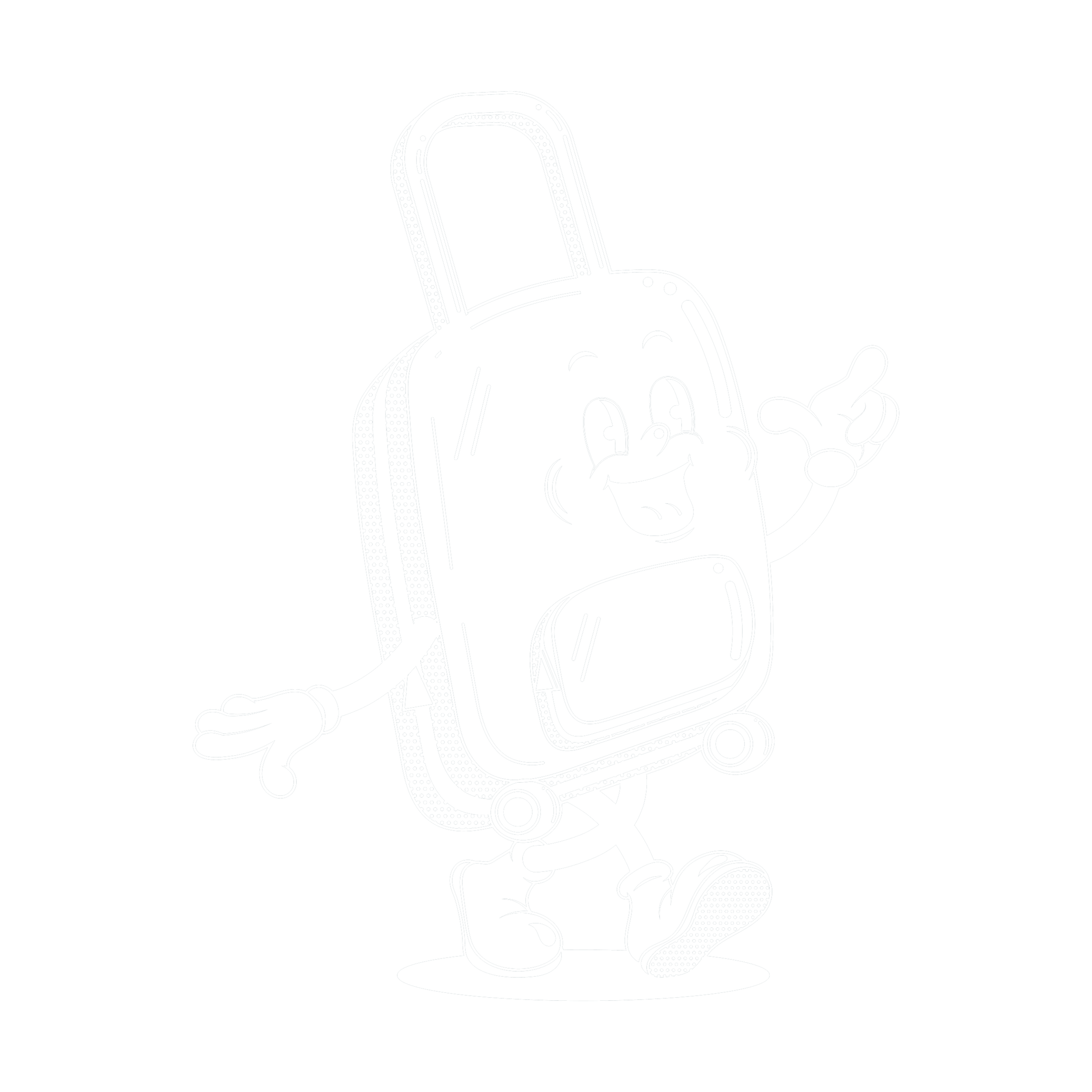 A neon-style outline of a cartoon dog with floppy ears, smiling, forming a human-like gesture with one hand and pointing with the other, on a black background.