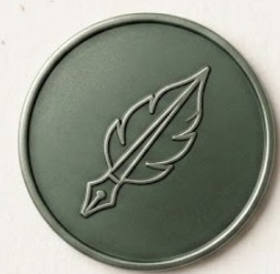 Logo de style minimaliste d'une plume sur un fond vert foncé, encadré rond.