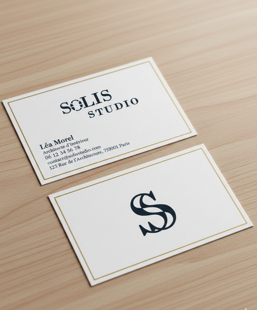 Cartes de visite pour SOLIS STUDIO, avec le nom de Lêa Morel, architecte d'intérieur, contact, adresse, et un logo stylisé.