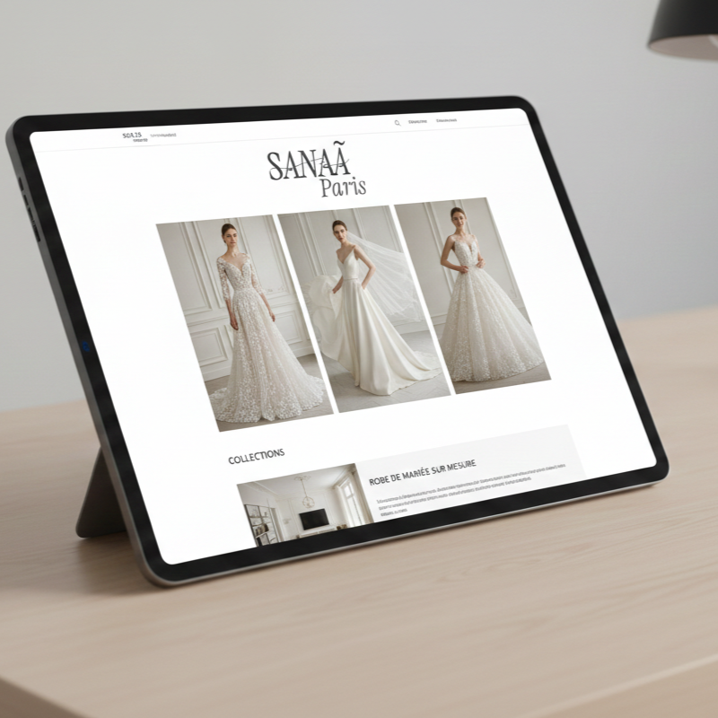 Capture d'écran d'une boutique en ligne de robes de mariée appelée SANÀA Paris affichant trois robes de mariage élégantes.