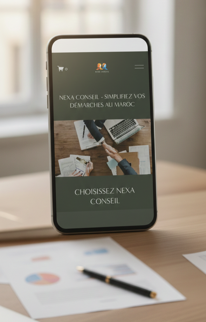 Capture d'écran d'une application ou d'un site web pour le conseil en immigration au Maroc, avec une image d'une poignée de main et des documents de travail.