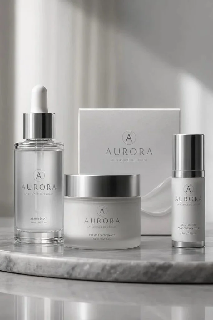 Gamme de produits de soin de la peau Aurora, comprenant un sérum, une crème hydratante et une crème contour des yeux, sur une surface en marbre.