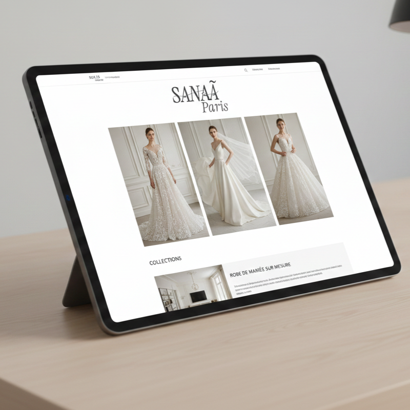 Capture d'écran d'un site web de robes de mariée avec trois modèles de robes blanches élégantes, présenté sur une tablette.
