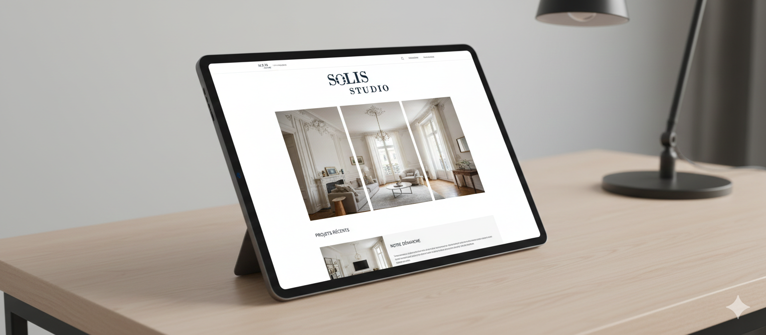 Une tablette posée sur un bureau en bois clair affichant la page d'un site web d'intérieur nommé 'SOLIS STUDIO' avec des images de décoration intérieure élégante et lumineuse, avec un lampadaire noir à côté.