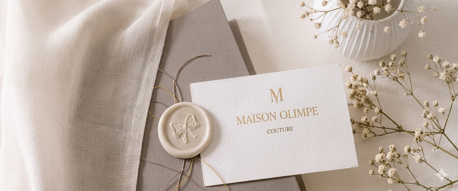 Une carte de visite blanche avec l'inscription "Maison Olimpe Couture" en lettres dorées, accompagnée d'un cachet en cire avec un motif de papillon, entourée de fleurs blanches et d'un vase blanc.