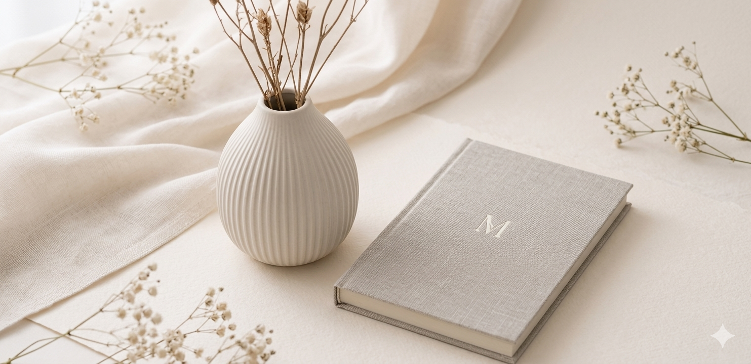 Une vasi en céramique blanche avec des branches sèches, un livre gris avec la lettre 'M' en relief et quelques fleurs séchées sur un fond beige