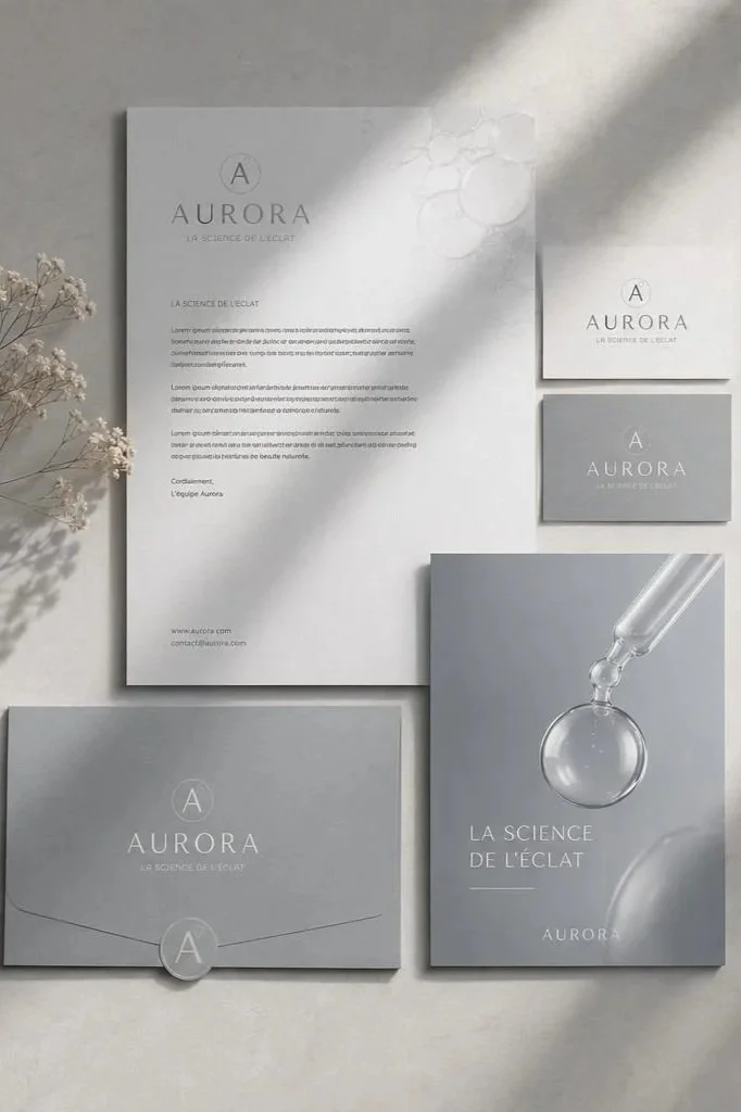 Collection de documents et d'emballages pour la marque Aurora, spécialisée dans la science de l'éclat, comprenant une lettre, des brochures, des cartes de visite et un packaging, avec un design épuré en tons gris et blanc.