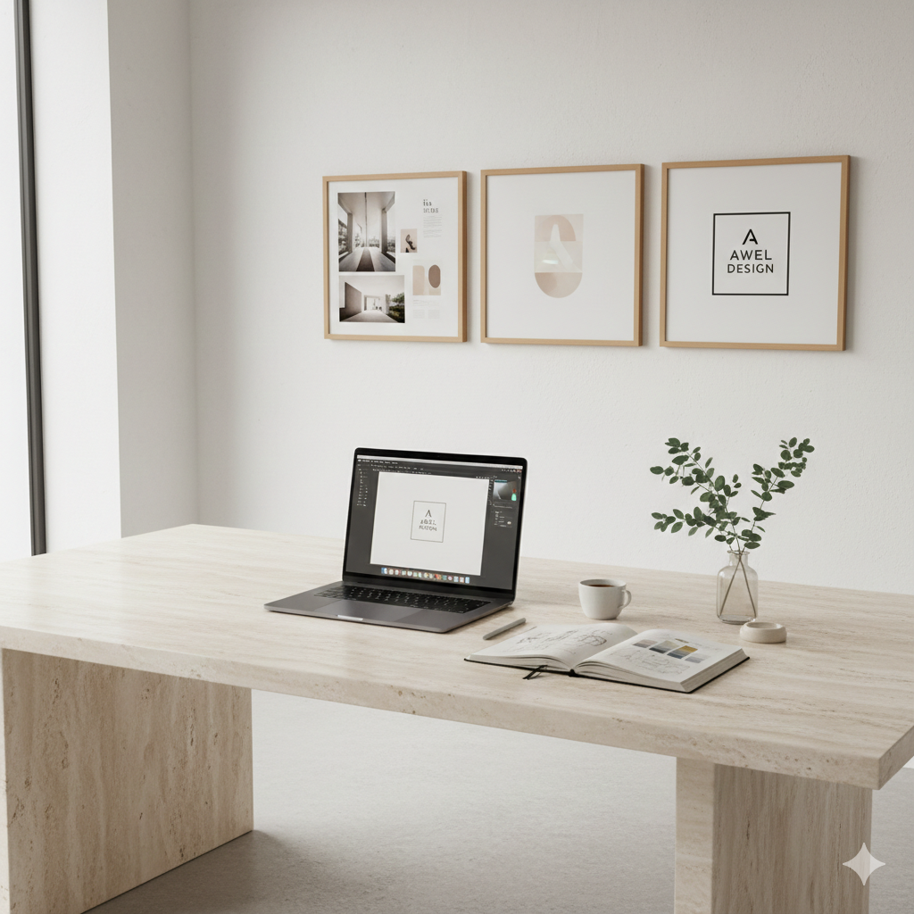 Bureau minimaliste avec un ordinateur portable, un livre ouvert, une tasse et une plante verte. Couleurs neutres et décorations suspendues au mur.