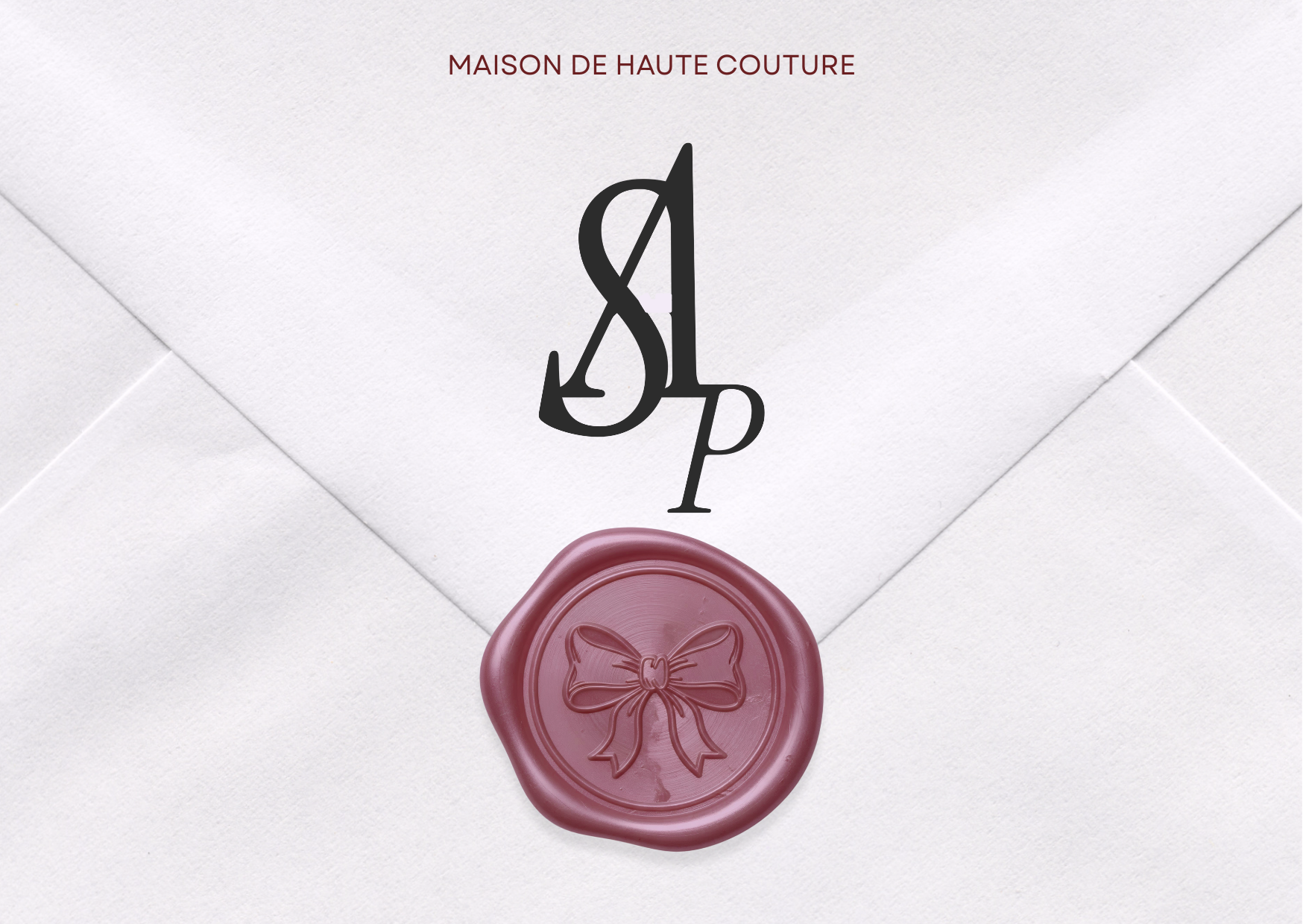 Une enveloppe blanche avec un sceau en cire rose portant un ruban, et le texte 'Maison de Haute Couture' écrit en haut.