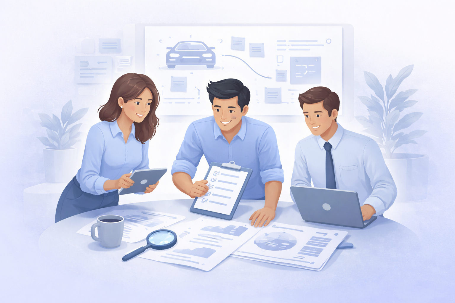 Three people in an office discussing logistics and planning, with laptops, documents, and charts on the table.