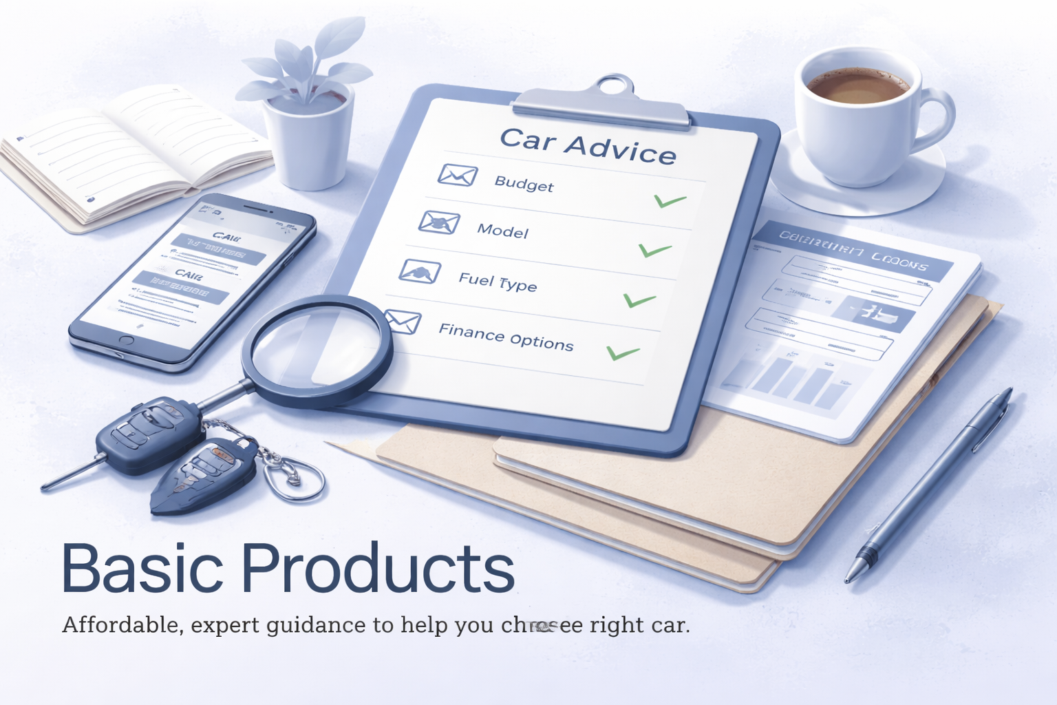 A workspace with a car advice checklist on a clipboard, a smartphone displaying a car listing, car keys, a magnifying glass, a cup of coffee, notebooks with charts, a pen, and a plant.