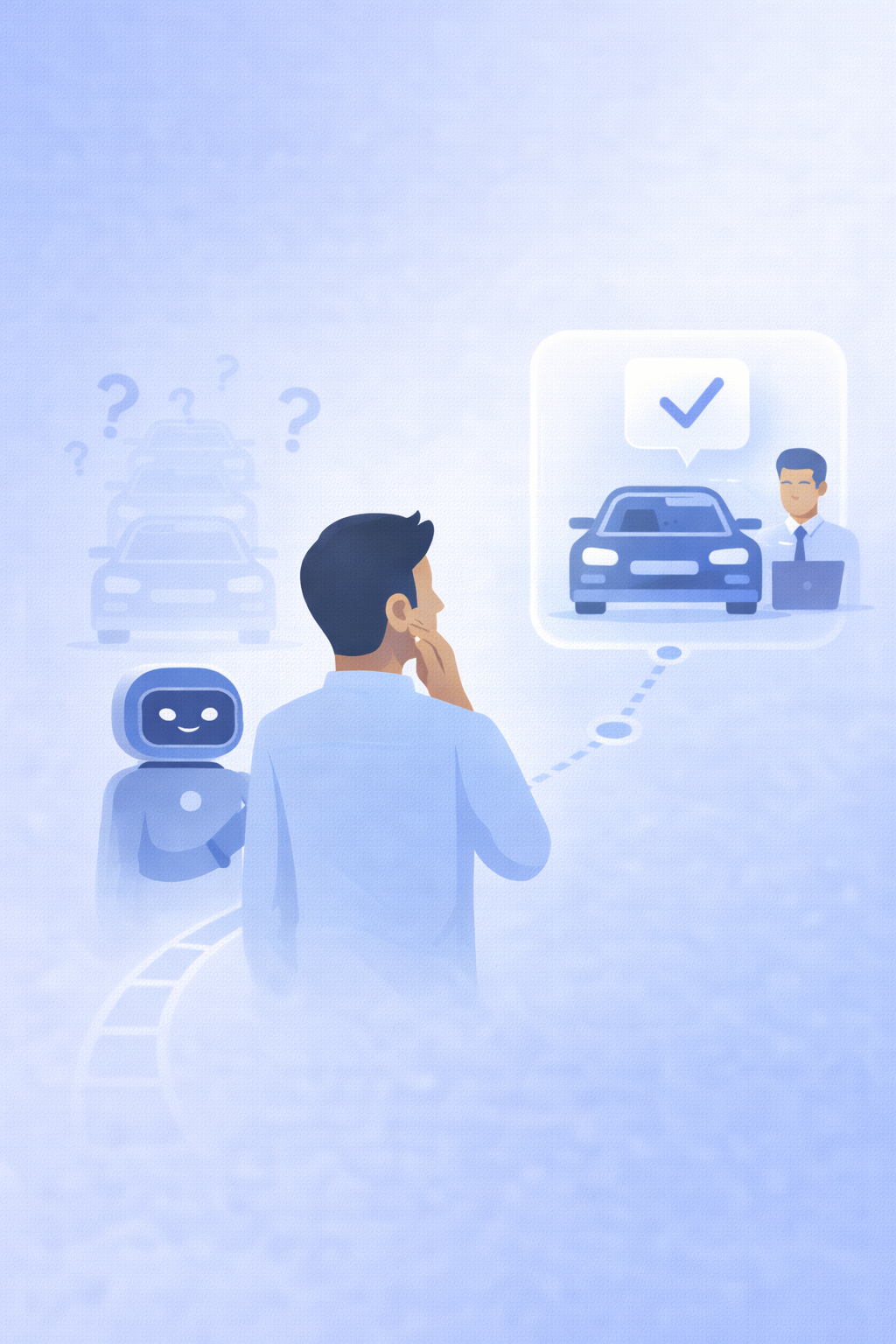 A person thinking about buying a car with a robot assistant nearby, and a chat bubble confirming a successful car purchase from a salesperson on a computer.