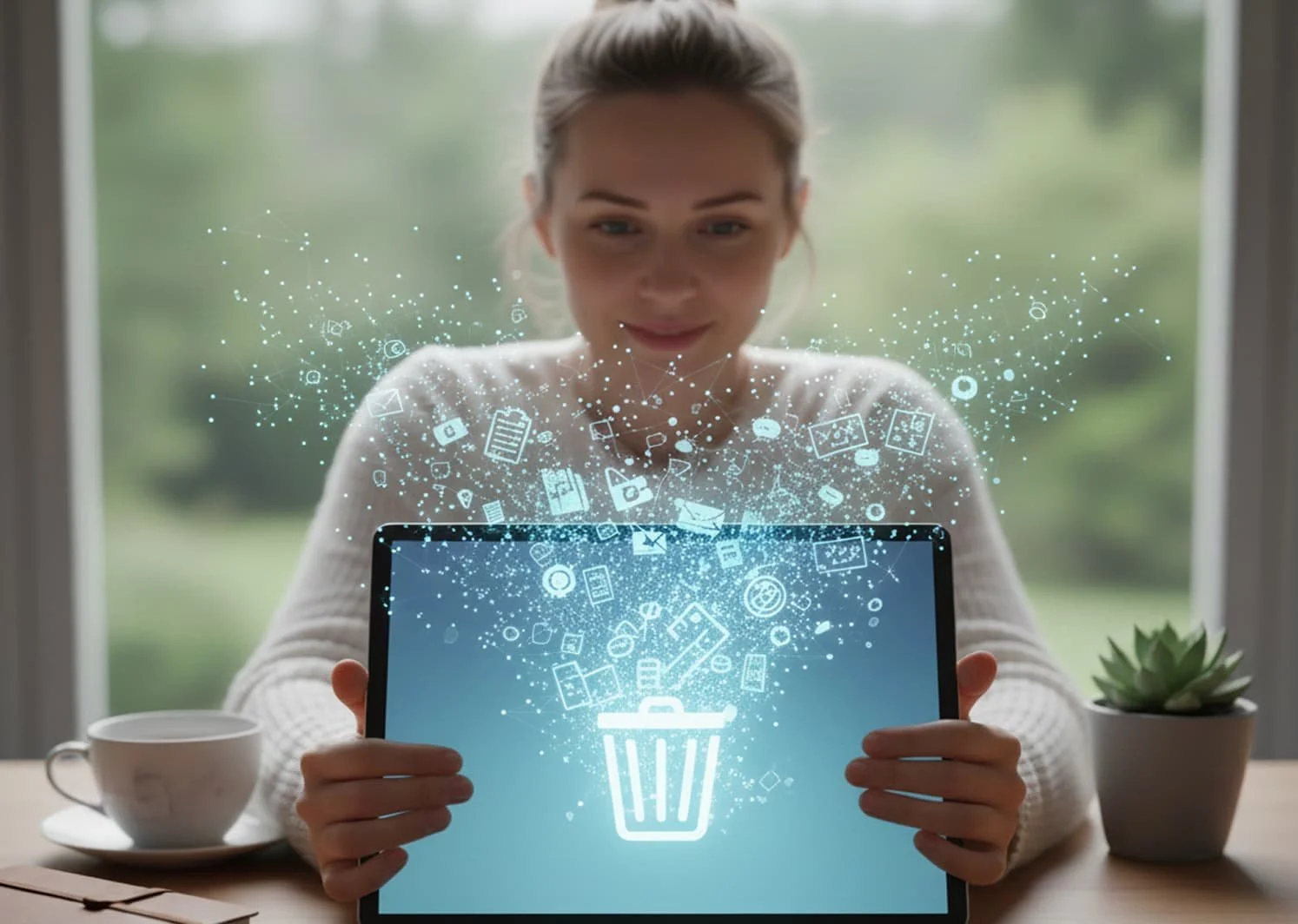 A woman looks at a tablet with a digital graphic of a trash bin and icons related to technology and social media, with digital particles and icons emanating from the screen.