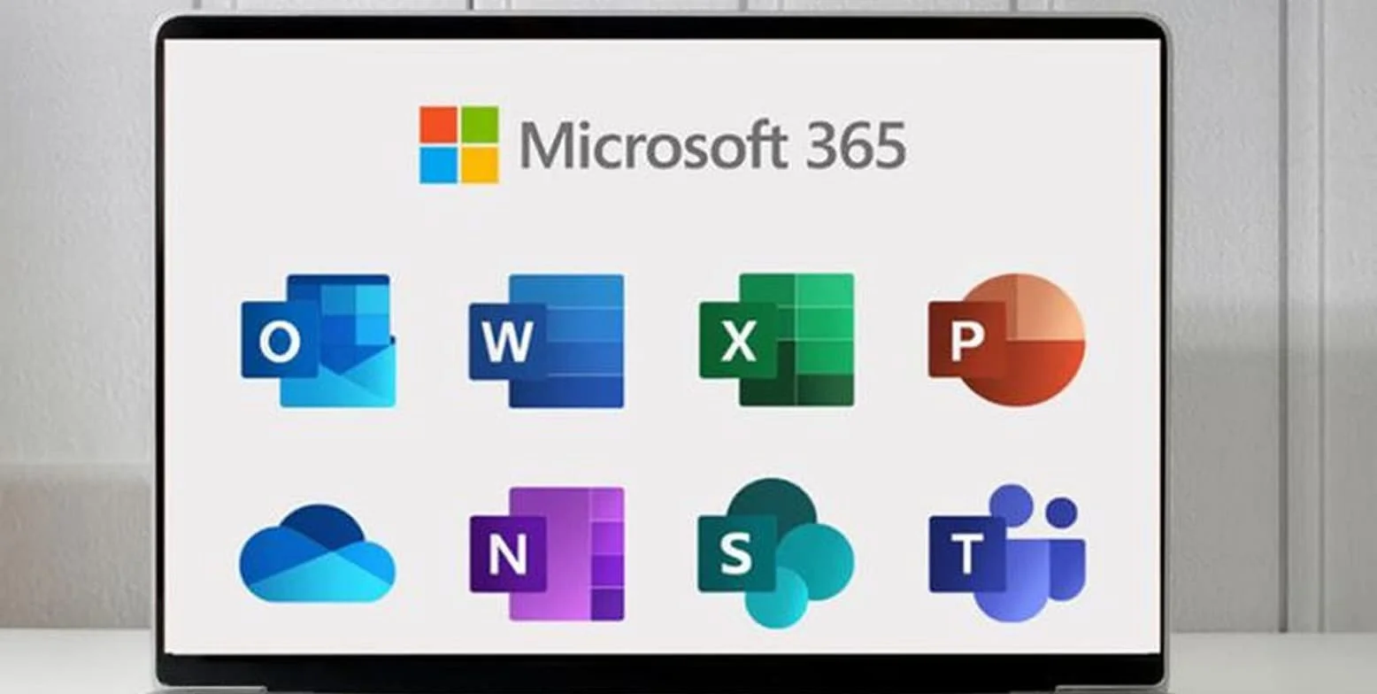 Microsoft 365 apps on a laptop, connected by Power Automate