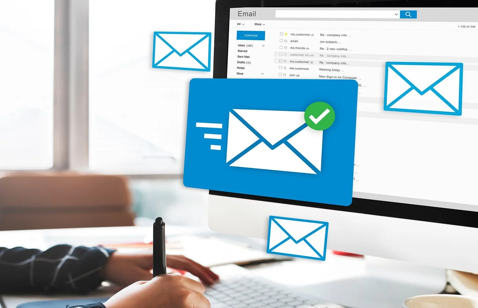 Illustration of emails being sorted and checked on a computer screen
