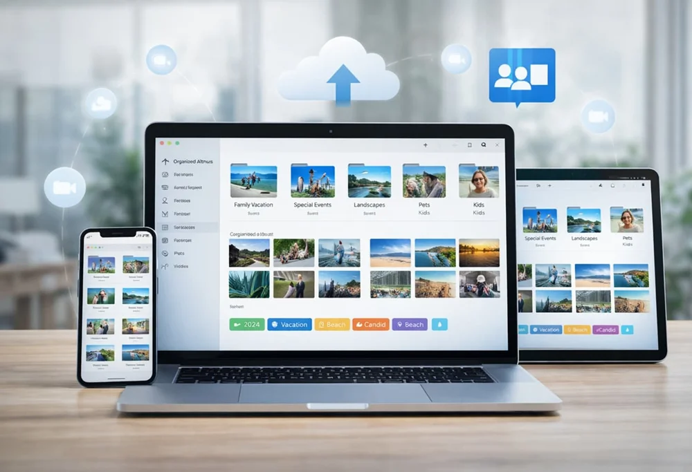 An organized photo library shown on a laptop, tablet, and phone