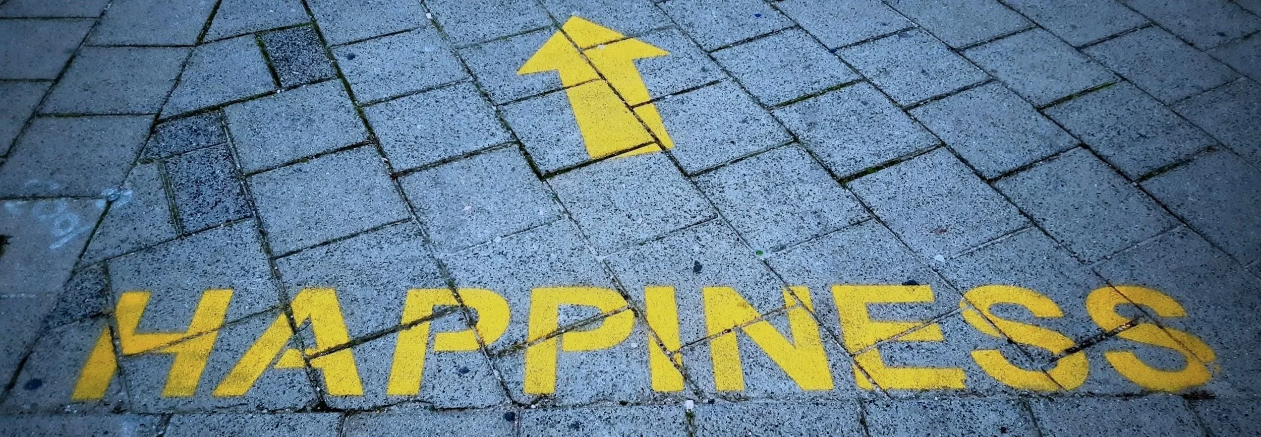 A cobblestone sidewalk with a yellow arrow and the word 'HAPPINESS' painted on it.
