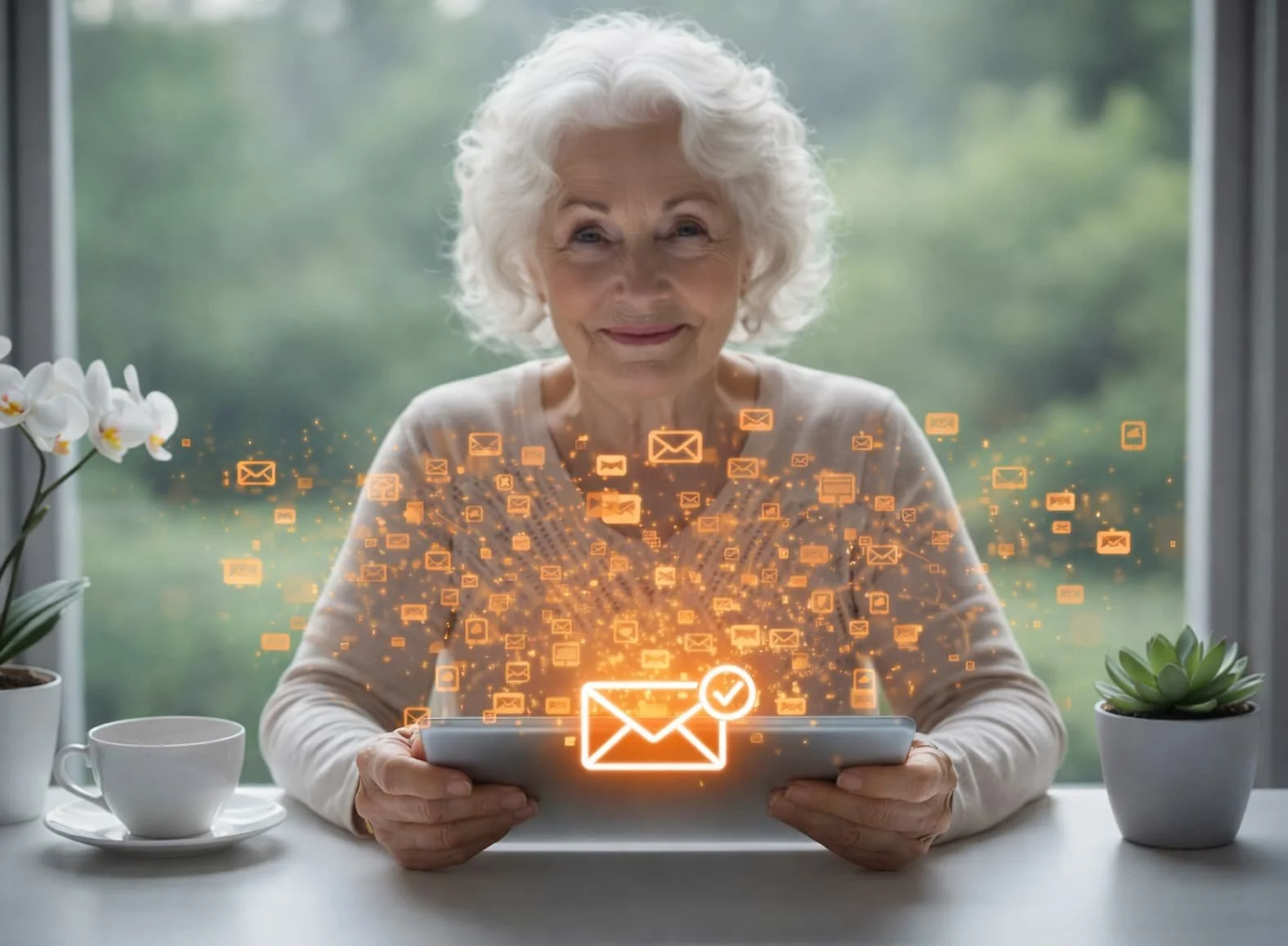 A happy client reviewing an organized email inbox on her tablet