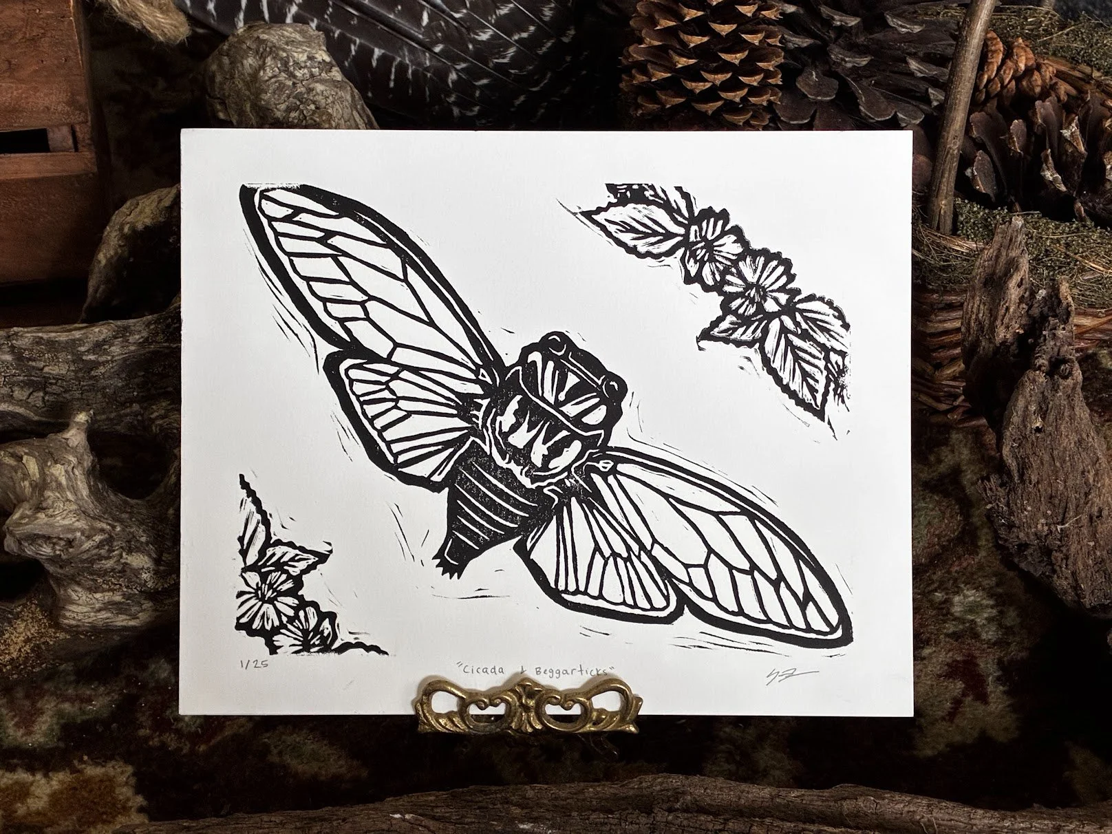 "Cicada & Beggarticks" Lino Print